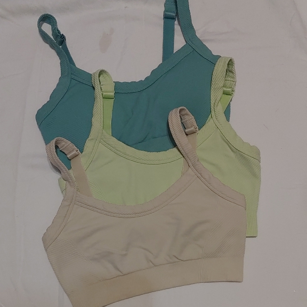 Old Navy Sports Bras in Teal, Light Green, and Beige